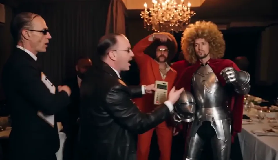 Burning Bridges AI video with friends in the crowd: four original characters at the chandelier party