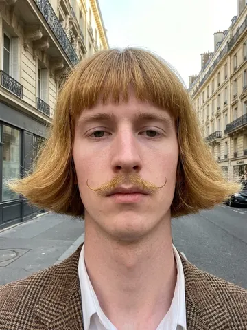 Burning Bridges AI character idea: bowl cut and blazer